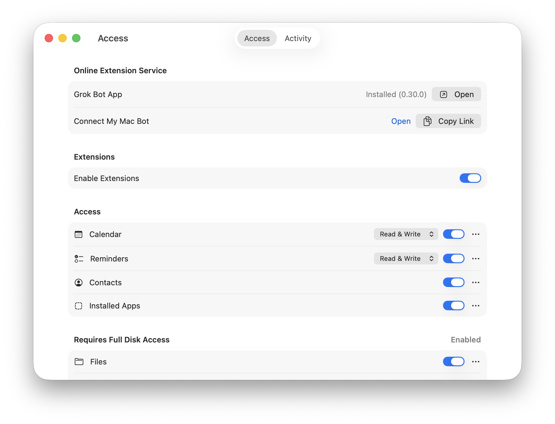 Grox Connect showing extension service status and individual Mac access controls