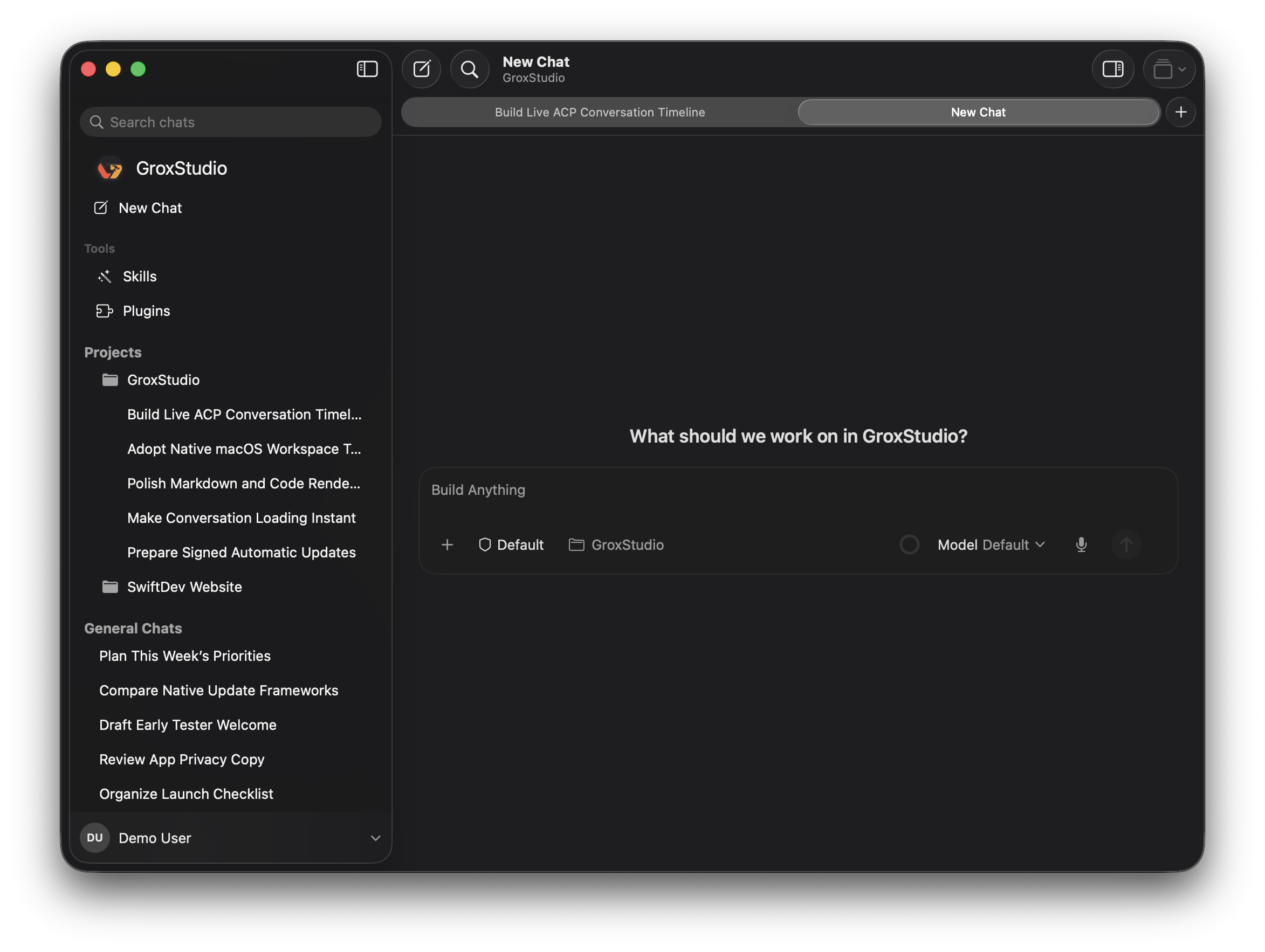 GroxStudio in dark mode showing project conversations, general chats, native tabs, tools, and a new-chat workspace